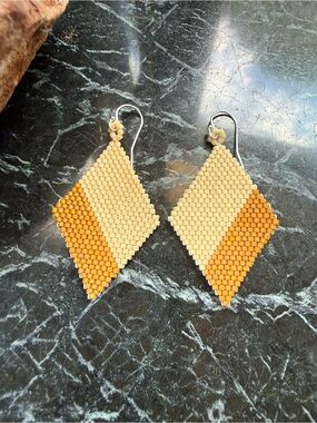 Handmade Beige and Mustard Seed Beaded Diamond Earrings